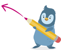 Pommes der Pinguin, hält einen Bleistift